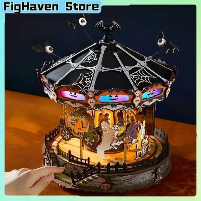 Music Box Wooden 3D Puzzle Rotating - Halloween Carousel 3D DIY Wooden Puzzle