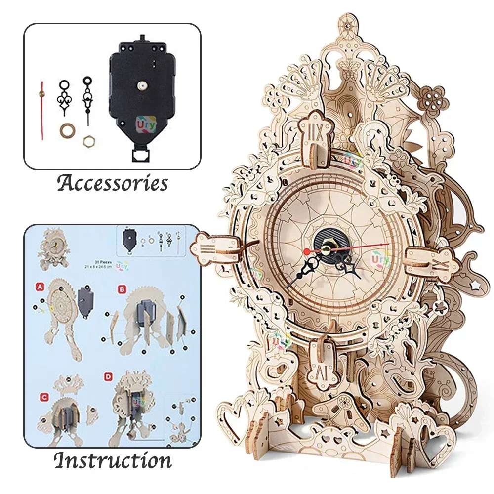 URY 3D Wooden Puzzle Retro Wal - Wooden Clock Puzzle Mechanical Pendulum 评论和价格