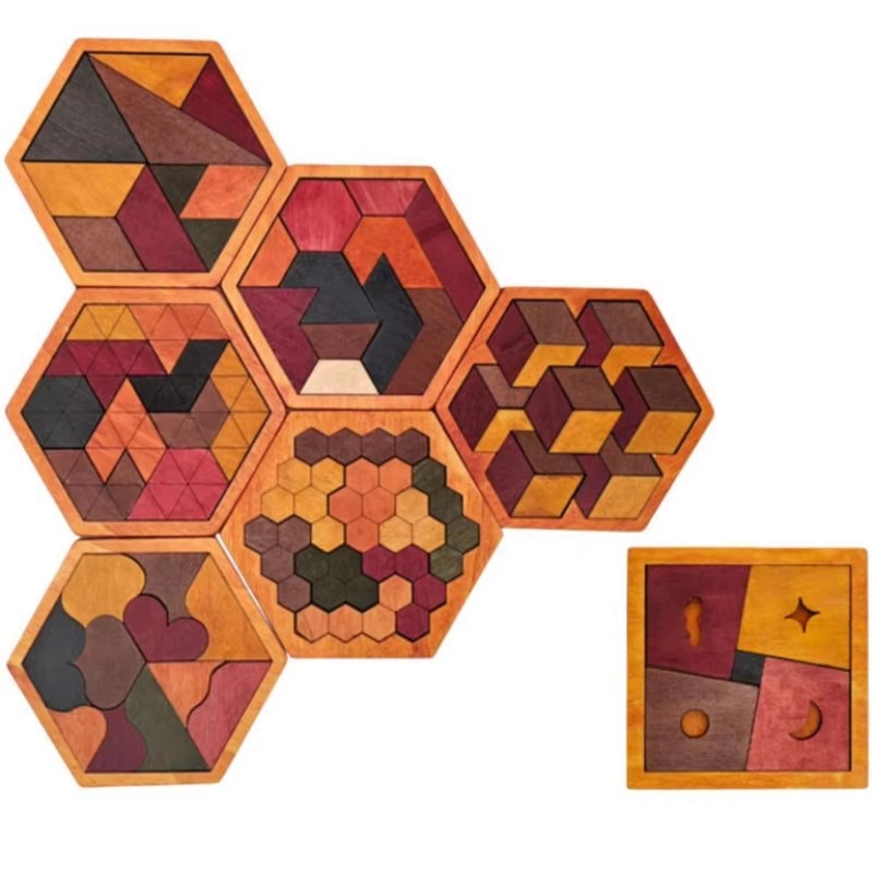 Wooden Hexagonal Tangram Puzzl - 3D Wooden Mechanical Puzzle Marble Run 评论和价格