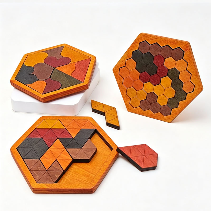 Wooden Hexagonal Tangram Puzzl - 3D Wooden Mechanical Puzzle Marble Run 评论和价格