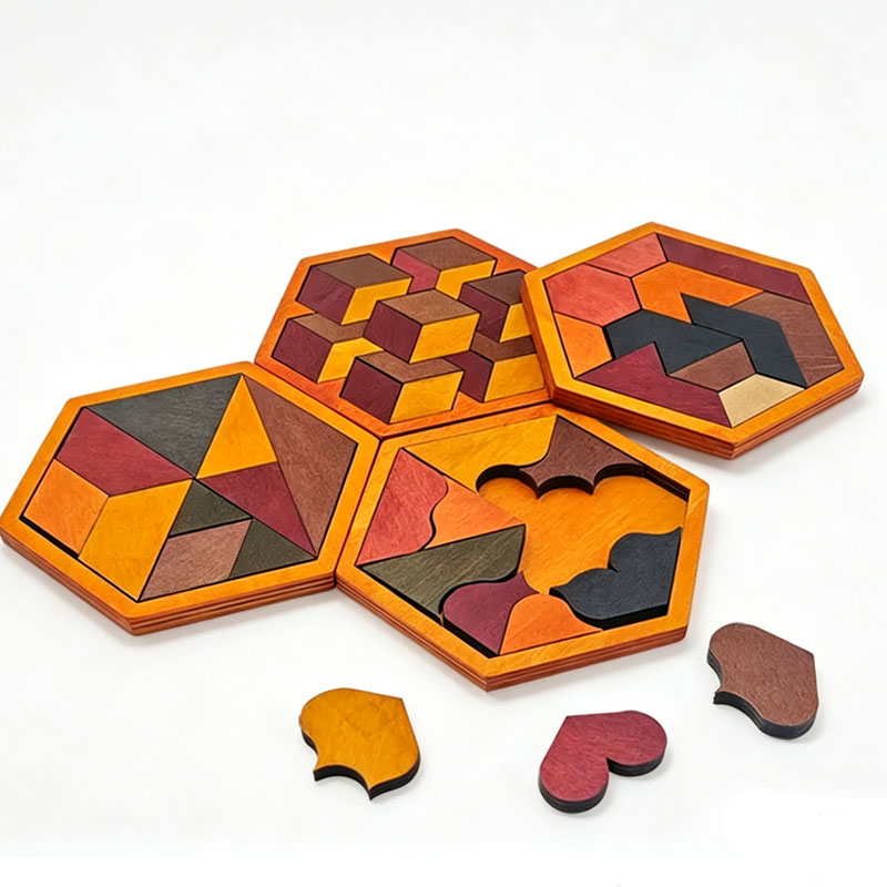 Wooden Hexagonal Tangram Puzzl - 3D Wooden Mechanical Puzzle Marble Run 评论和价格