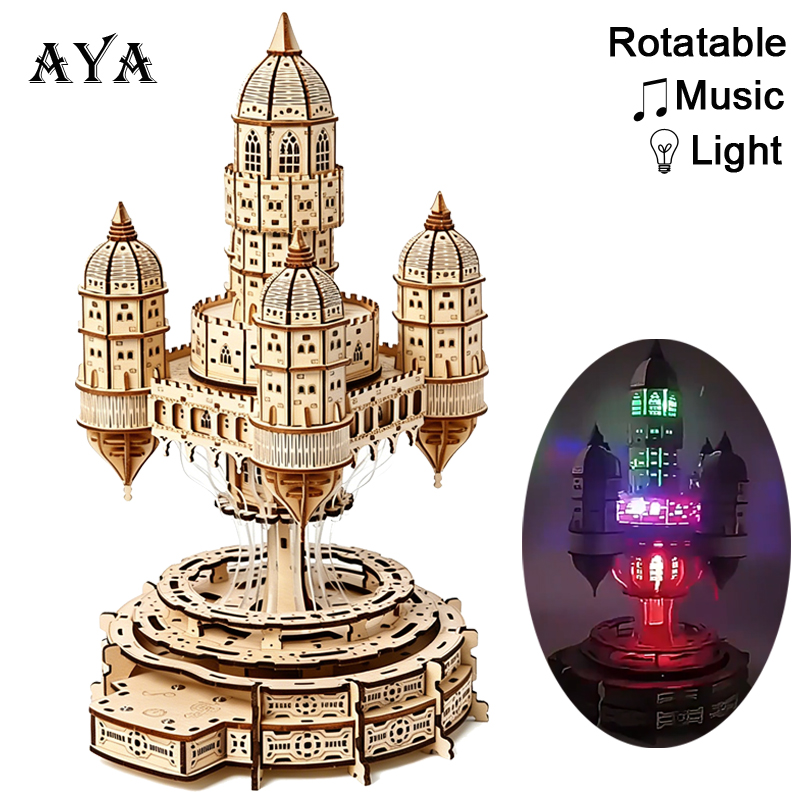 City In The Sky Castle 3D Wood - Music Box Wooden 3D Puzzle Rotating 评论和价格